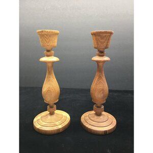 Vintage Hand Turned Wooden Candlesticks Taper Holders Two-Toned 7.5" Tall